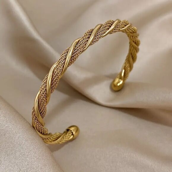 Gold Twisted Mesh Cuff Bangle Bracelet Stainless Steel Braided Retro Style - Picture 5 of 8